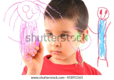 Adorable 6 years old boy painting his family on glass. White background high resolution studio image  focused at his face.