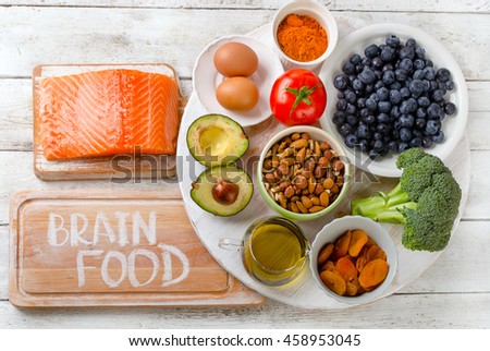 Beat Foods to boost brainpower. Concept. Top view Royalty-Free Stock Photo #458953045