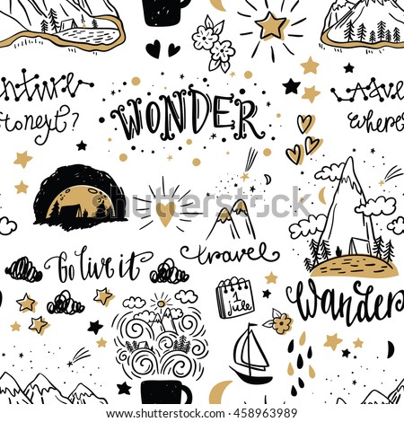 Wonderful adventure pattern. Hand drawn lettering and illustration. Vector art. Travel and adventure concept. Adventure pattern. Adventure and travel illustration. Royalty-Free Stock Photo #458963989