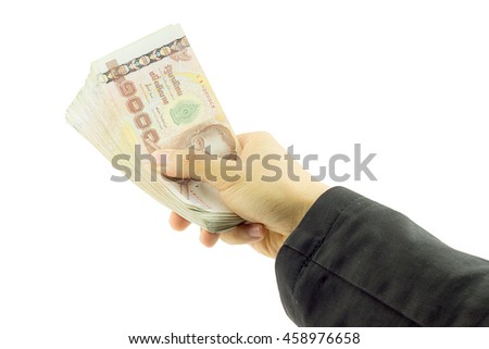 hand holding money isolated on white background.