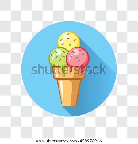Icon delicious ice cream on a transparent background. Three-color ice cream cone with drops