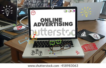 drawing icon cartoon with ONLINE ADVERTISING  concept on laptop in the office , business concept