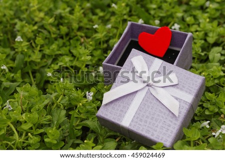 Opened purple gift box with red love symbol on green grass. Selected focus.