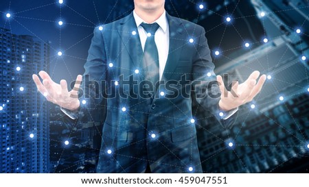 Double exposure of professional businessman and network connection with server datacenter in communication , technology and business concept