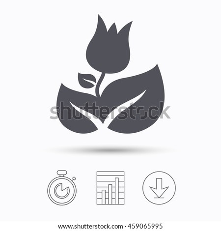 Rose flower icon. Florist plant with leaf symbol. Stopwatch, chart graph and download arrow. Linear icons on white background. Vector