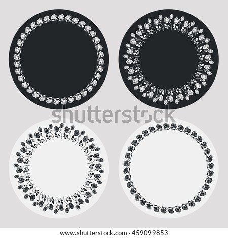 Set of silhouette round frames with roses. Design elements for graphic backgrounds. Vector clip art.