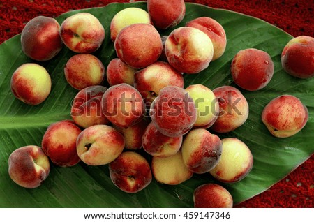 peach crop lying on the green leaf on a red background