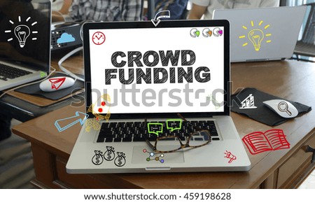 drawing icon cartoon with CROWD FUNDING  concept on laptop in the office , business concept