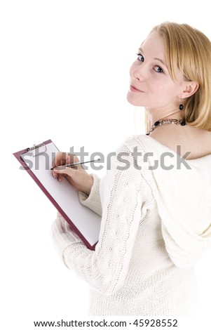 Sitting young blond hair woman writing on clipboard
