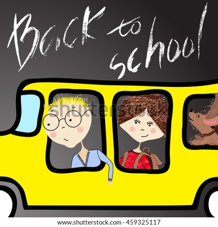 Kids riding on school bus. Handwritten lettering. Back to school.