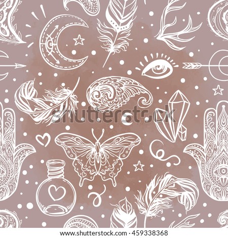 Seamless pattern of Ornamental Boho Style Elements. Vector illustration. Tattoo template. Trendy hand drawn tribal symbol background. Hippie design elements. Brown an beige colors.