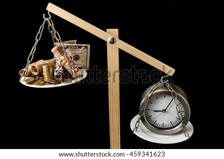 Time is Money Concept Clock and Currency on a Two Pan Balance