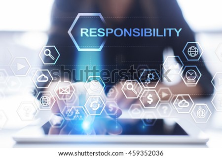 Woman is using tablet pc, pressing on virtual screen and select "Responsibility".