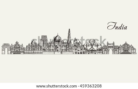 Hand drawn India skyline. Vector illustration Royalty-Free Stock Photo #459363208