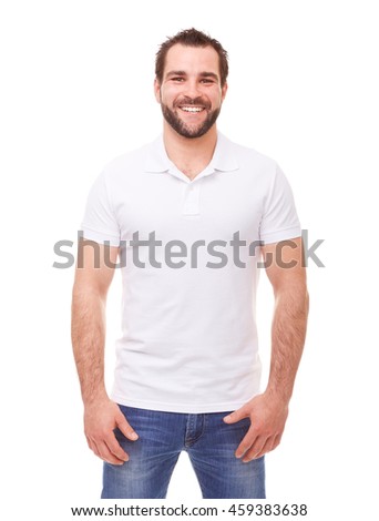 Happy man in a polo shirt on white background