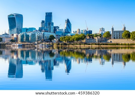 Cloudless day at financial district of London, including The Gherkin, Fenchurch building and Leadenhall building