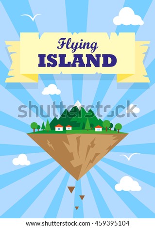 cartoon illustration of a flying island with houses birds and clouds