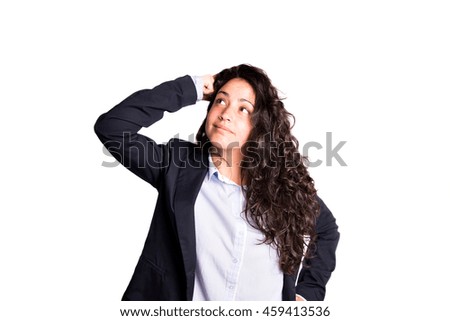 Business woman thinking an idea in isolated background