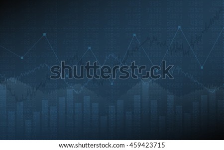 Business chart with line graph, bar chart and stock numbers on dark blue color background (vector)