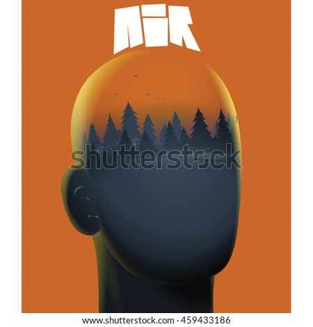 vector illustration of the head, the head forest, trees, birds, air, human head with forest inside 