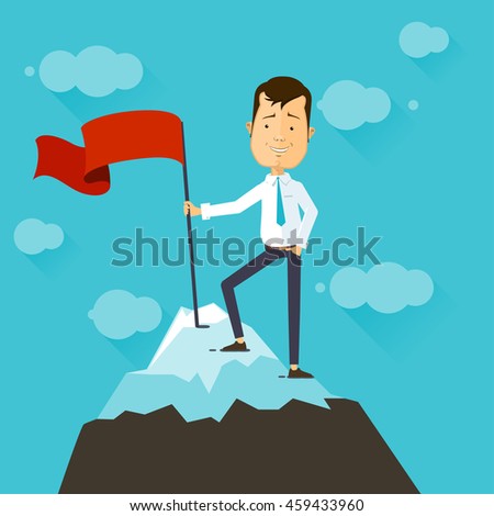 Businessman with flag on a Mountain peak, success and mission, Business target and victory and motivation, winner on top. Flat style, success image