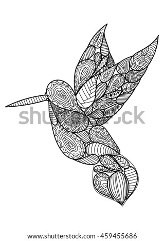 Hand drawn artistically bird, flying bird tribal totem for adult Coloring Page or tattoo, logo, t-shirt and postcard with high details illustration. Vector monochrome sketch of exotic bird.