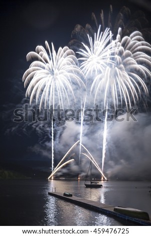Ignis Brunensis silver colored fireworks resembling an aster flower reflecting on water surface of the dam. Long exposure night graphical photography using creative tilt effect by tilt-shift lens.
