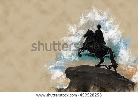 The Bronze Horseman - equestrian statue of Peter the Great in Staint-Petersburg, Russia. Vintage painting, background illustration, beautiful picture, travel texture