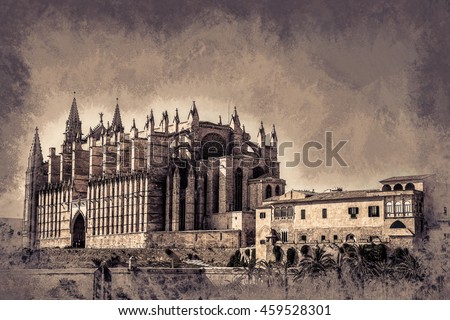 Cathedral of Palma de Mallorca, rear view from road. Big gothic church on the sea shore. Beautiful travel picture of Spain. Modern painting, background illustration.