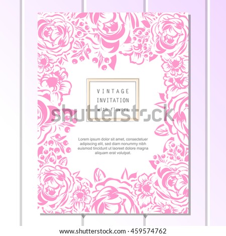 Vintage delicate invitation with flowers for wedding, marriage, bridal, birthday, Valentine's day. Romantic vector illustration.