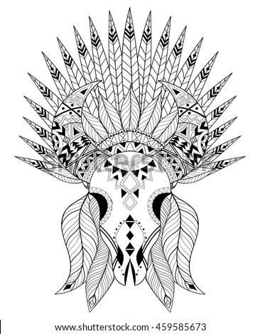 Zentangle stylized Animal Skull with warbonnet. Hand drawn ethnic tattoo for adult coloring pages, art therapy, boho  t-shirt patterned print, posters, t-shirt. Vector isolated illustration. A4 size.