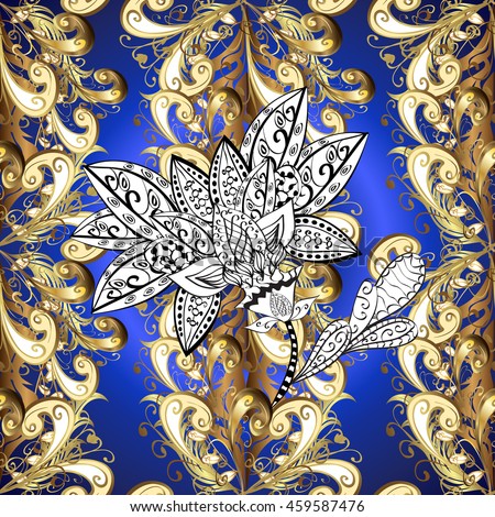 Vintage pattern on blue background with golden and white elements.