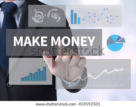MAKE MONEY Businessman touching a touch screen on blurred city background