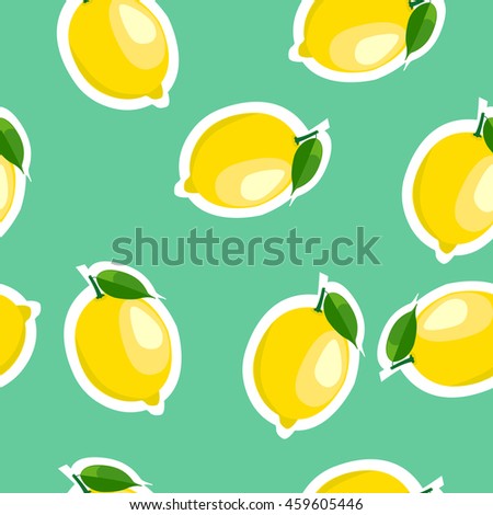 Pattern. lemon and leaves same sizes on turquoise background.