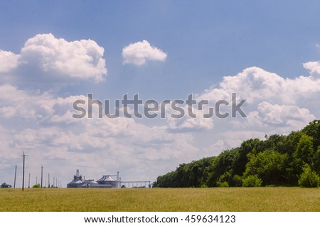 Agricultural enterprises. In the face shiny iron containers for storing grain. Day, summer, sunny weather.