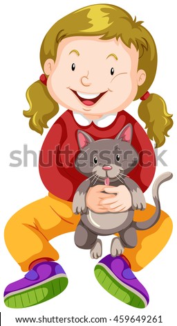 Little girl hugging pet cat illustration