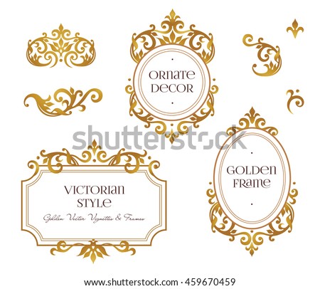 Vector set frames and vignette for design template. Element in Victorian style. Golden floral borders. Ornate decor for invitations, greeting cards, certificate, thank you message.