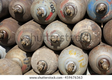 Compressed gas cylinders, closeup of photo