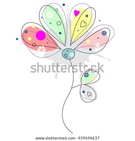 Raster floral illustration. Drawn decorative flower with petals and leaves, isolated on the white background.
