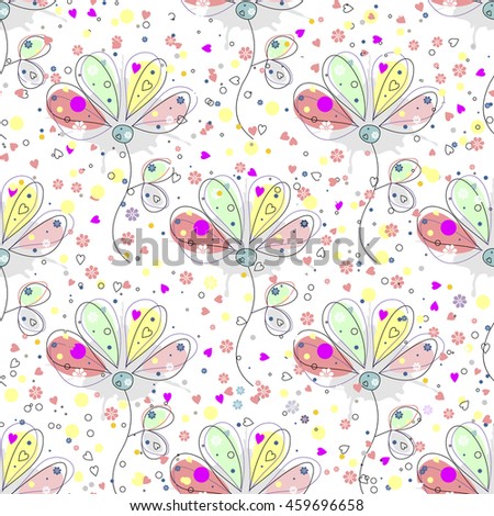 Raster seamless floral pattern. Drawn decorative background with flowers, leaves and decorative elements. Line art, graphic illustration.