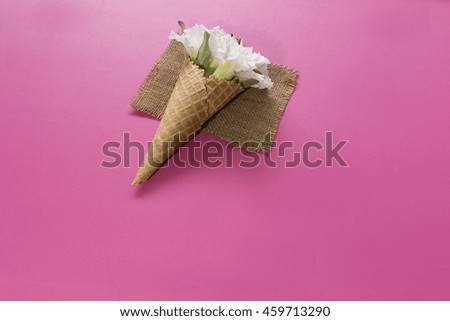 Minimal creative of image of white flower in a waffle ice cream concept-pink background-still life image