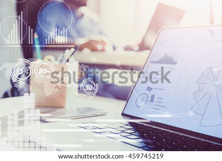Double exposure. businessman working in modern office with modern technology. growth charts, business concept, strategy, development plans, teamwork. image filter