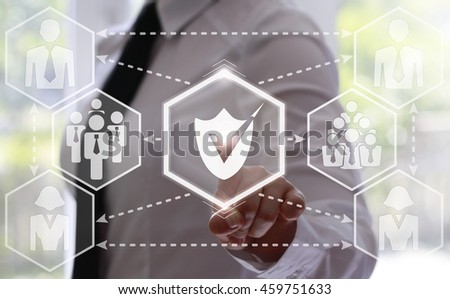 businessman presses shield button with a checkmark on virtual screens. Businesswoman in white shirt and tie touching a cyber security icon. Security business, protection. Safety internet concept, web.