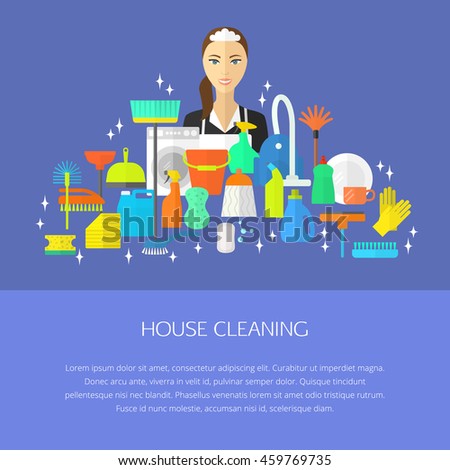 Vector trendy flat cleaning icon set, template, concept. Vacuum cleaner, protective gloves, plunger, spray bottle,  wipe, squeegee, sponge, bucket, mop, brush, duster and many more.