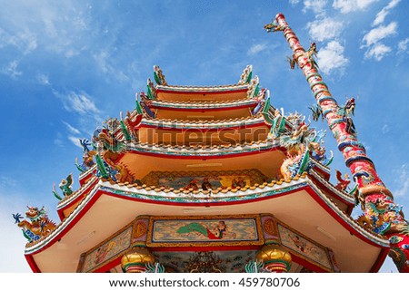 The beautiful Chinese shrine and the blue sky in Chonburi.East of Thailand.