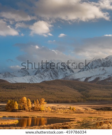 Mountain landscape Panoramic view Alpine picture White peaks Autumn