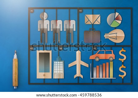 template of business man tools kits with paper cut flat style object on blue leather background  business concept.jpg
