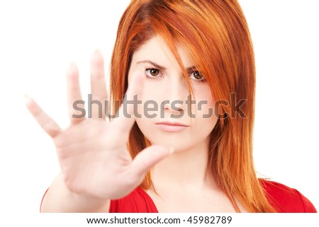 bright picture of lovely woman showing stop sign