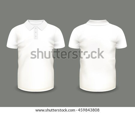 Men's white polo shirt with short sleeve in front and back views. Vector template. Fully editable handmade mesh. 