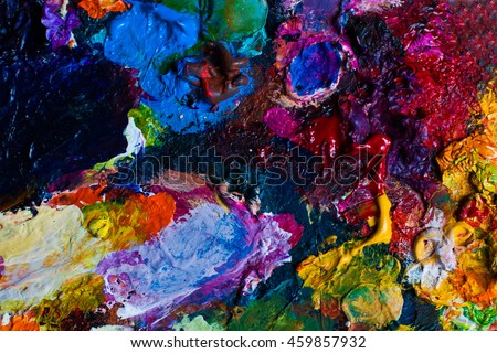 Background image of bright oil-paint palette closeup. Can be used for design, websites, interior, background, backdrop, texture creation, the use of graphic editors and illustration.